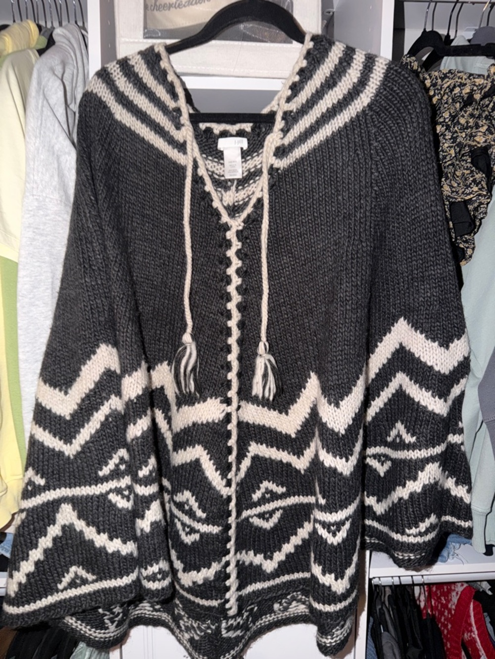 J. Jill Black and Cream Hooded Knit Cardigan with Tassels